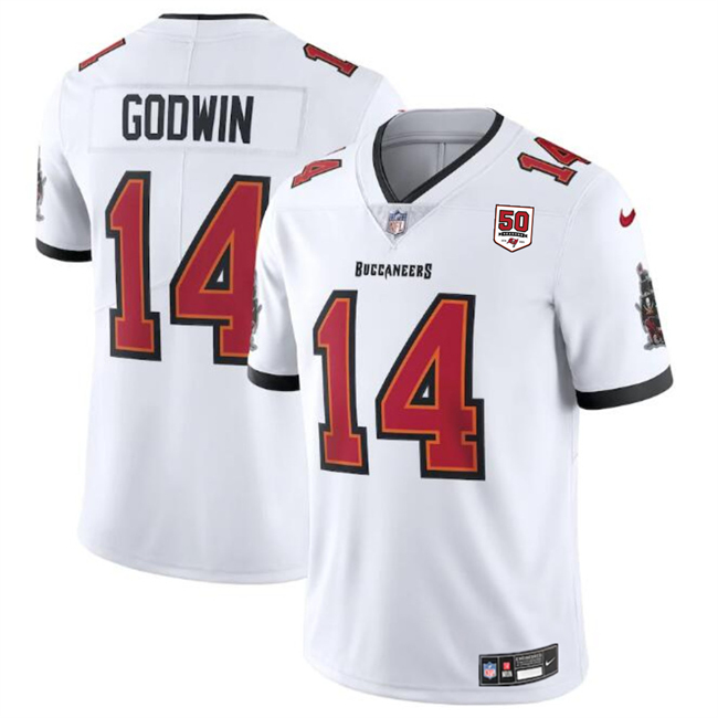 Men's Tampa Bay Buccaneers #14 Chris Godwin White 2025 50th Anniversary Patch Vapor Untouchable Limited Stitched Football Jersey